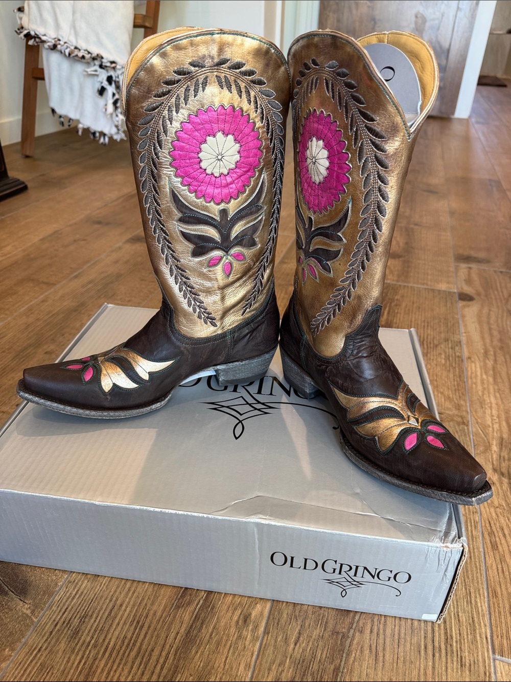 Old Gringo Chocolate Brown with Gold and Pink Accents Western Heeled Boots